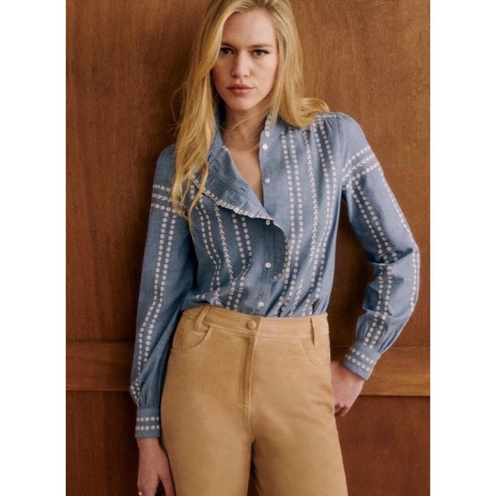 Sezane Chloe Blouse Women’s 46 Blue Floral Frieze Embroidered Ruffled Collar